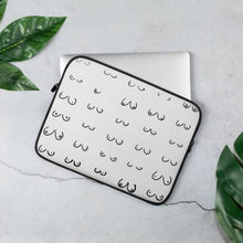 Load image into Gallery viewer, Black Line Boobs on White Background, Laptop Case, LGBTQ Gift, Boobie Lover Gift, Boobs Merch, Feminist Art, Boobs Gifts, 13 inch laptop case, 15 inch laptop case