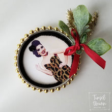 Load image into Gallery viewer, Handmade glittered Bianca Del Rio, RuPaul's Drag Race, leopard print Christmas ornament, drag queen, glitter art, fan art, gift