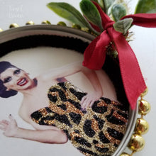Load image into Gallery viewer, Handmade glittered Bianca Del Rio, RuPaul's Drag Race, leopard print Christmas ornament, drag queen, glitter art, fan art, gift