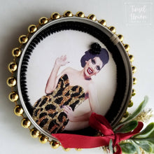 Load image into Gallery viewer, Handmade glittered Bianca Del Rio, RuPaul's Drag Race, leopard print Christmas ornament, drag queen, glitter art, fan art, gift