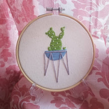 Load image into Gallery viewer, Hand embroidered succulent art hoop with bunny ear cactus in purple or green as a gift
