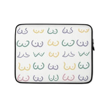Load image into Gallery viewer, Colourful Boobies on White Background, Boobs Laptop Case, LGBTQ Gift, Boobie Lover Gift, Boobs Merch, Feminist Art, Boobs Gifts, 13 inch laptop case, 15 inch laptop case