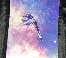 Load image into Gallery viewer, spiked flail earring with sparkly purple and silver swirls and bright white outlines against a pink-and-blue nebula and black crushed velvet background