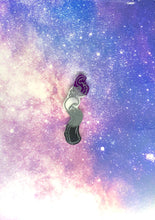Load image into Gallery viewer, ace pride flag (black, gray, white, purple) curled tentancle earring gray outlines against a pink-and-blue nebula