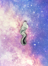 Load image into Gallery viewer, ace pride flag (black, gray, white, purple) curled tentacle earring with bright white outlines against a pink-and-blue nebula