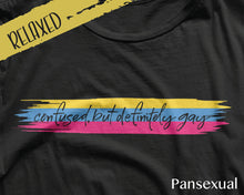 Load image into Gallery viewer, Confused But Definitely Gay Tee | LGBTQ+ Tees | Gay Pride | Bisexual Pride | Pansexual Pride | Queer Tees | Pride Tshirt