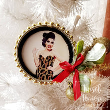Load image into Gallery viewer, Handmade glittered Bianca Del Rio, RuPaul's Drag Race, leopard print Christmas ornament, drag queen, glitter art, fan art, gift