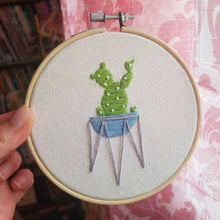 Load image into Gallery viewer, Hand embroidered succulent art hoop with bunny ear cactus in purple or green as a gift