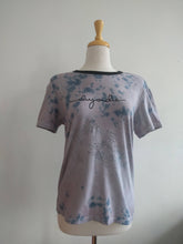 Load image into Gallery viewer, tie dyed upcycled screen printed one of a kind ringer tee— medium
