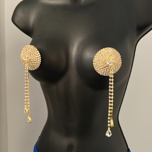 MEMPHIS STARR Gold and Rhinestone Circle with Rhinestone Tassels Nipple Pasty, Cover (2pcs) Burlesque Tassel Lingerie Raves and Festivals