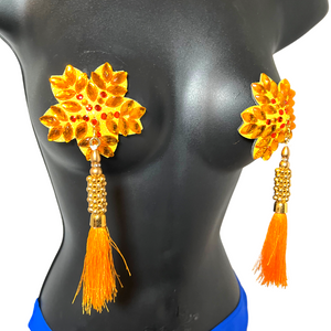 GOLDIE SWAN Yellow Flower Nipple Pasty, Nipple Cover (2pcs) with Yellow, Gold Beaded Tassels for Lingerie Carnival Burlesque Rave