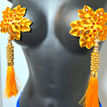 Load image into Gallery viewer, GOLDIE SWAN Yellow Flower Nipple Pasty, Nipple Cover (2pcs) with Yellow, Gold Beaded Tassels for Lingerie Carnival Burlesque Rave
