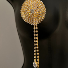 Load image into Gallery viewer, MEMPHIS STARR Gold and Rhinestone Circle with Rhinestone Tassels Nipple Pasty, Cover (2pcs) Burlesque Tassel Lingerie Raves and Festivals
