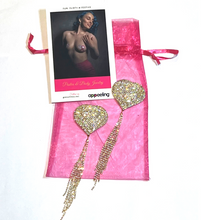 Load image into Gallery viewer, ROXY ROYALE  Gold and Rhinestone Heart with Rhinestone Tassels Nipple Pasty, Cover (2pcs) Burlesque Tassel Lingerie Raves and Festivals
