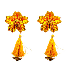Load image into Gallery viewer, MARY GOLD Yellow Flower Nipple Pasty, Nipple Cover (2pcs) with Yellow and Gold Beaded Tassels for Lingerie Carnival Burlesque Rave
