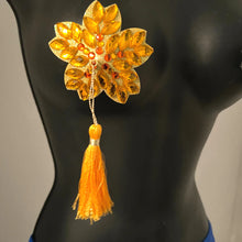 Load image into Gallery viewer, MARY GOLD Yellow Flower Nipple Pasty, Nipple Cover (2pcs) with Yellow and Gold Beaded Tassels for Lingerie Carnival Burlesque Rave
