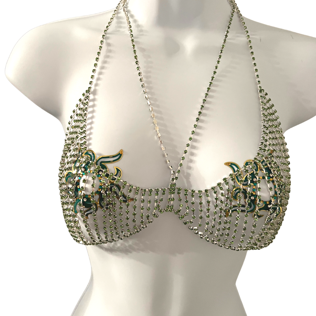 MINT JULEP Emerald and Rhinestones Silver Body Chains / Chain Bra