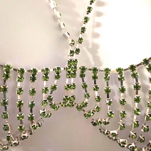 Load image into Gallery viewer, MINT JULEP Emerald and Rhinestones Silver Body Chains / Chain Bra for Lingerie Rave Burlesque Festivals
