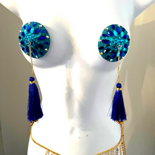 Load image into Gallery viewer, BLUE BY-YOU Aqua and Blue Nipple Pasty, Nipple Cover (2pcs) with Blue and Gold Beaded Tassels for Lingerie Carnival Burlesque Rave
