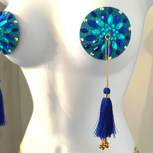 Load image into Gallery viewer, BLUE BY-YOU Aqua and Blue Nipple Pasty, Nipple Cover (2pcs) with Blue and Gold Beaded Tassels for Lingerie Carnival Burlesque Rave
