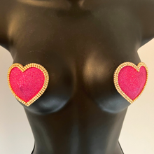 Load image into Gallery viewer, MON CHERIE Red, Pink, Green or Blue Glitter Heart and Rhinestone Nipple Pasty, Covers (2pcs) for Burlesque Lingerie Raves and Festivals
