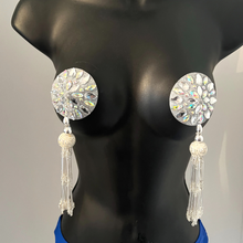 Load image into Gallery viewer, LORELEI LEE Silver Glitter &amp; Gem Nipple Pasties, Covers with Hand Beaded Tassels (2pcs) for Burlesque Lingerie Raves and Festivals
