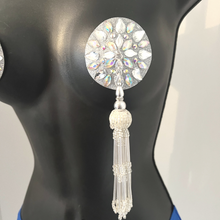 Load image into Gallery viewer, LORELEI LEE Silver Glitter &amp; Gem Nipple Pasties, Covers with Hand Beaded Tassels (2pcs) for Burlesque Lingerie Raves and Festivals
