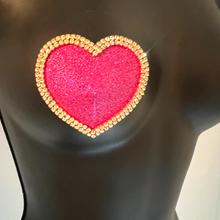 Load image into Gallery viewer, MON CHERIE Red, Pink, Green or Blue Glitter Heart and Rhinestone Nipple Pasty, Covers (2pcs) for Burlesque Lingerie Raves and Festivals
