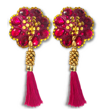 Load image into Gallery viewer, BLOSSOM Hot Pink &amp; Yellow Flower Nipple Pasty, Covers (2pcs) w/Pink and Gold Beaded Removable Tassels for Lingerie Carnival Burlesque Rave
