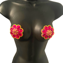 Load image into Gallery viewer, BLOSSOM Hot Pink &amp; Yellow Flower Nipple Pasty, Covers (2pcs) w/Pink and Gold Beaded Removable Tassels for Lingerie Carnival Burlesque Rave
