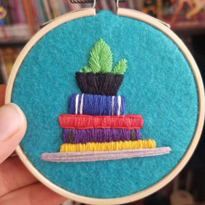 4 types!!! Hand embroidered plant art hoop with books on shelves