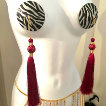 Load image into Gallery viewer, ZOË Glitter Zebra Print Nipple Pasty, Nipple Cover (2pcs) with 2 sets of Tassels for Lingerie Carnival Burlesque Rave Festivals
