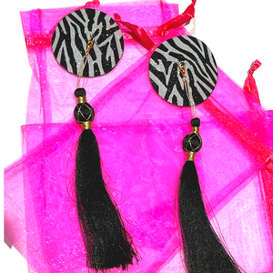 ZOË Glitter Zebra Print Nipple Pasty, Nipple Cover (2pcs) with 2 sets of Tassels for Lingerie Carnival Burlesque Rave Festivals