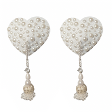 Load image into Gallery viewer, PEACHES O&#39;DAY Scattered Pearl Heart Nipple Pasty, Covers (2pcs) with beaded tassels for Burlesque Lingerie Raves and Festivals
