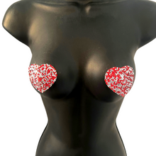 Load image into Gallery viewer, POPPY TART Red &amp; Silver Heart Sprinkle Nipple Pasties Covers (2pcs) for Burlesque, Rave Lingerie and Festivals
