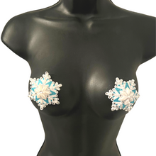 Load image into Gallery viewer, SNOW BUNNY Blue &amp; White Snowflake Pearl and Gem Nipple Pasties, Pasty (2pcs)  (2pcs) Burlesque Lingerie Raves and Festivals
