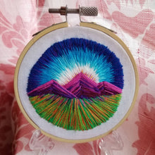 Load image into Gallery viewer, Hand embroidered art hoop of a landscape with mountains for an embroidery gift
