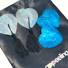 Load image into Gallery viewer, BLUE ICE 2 Pairs of Reusable Sequin Heart Nipple Pasties, Covers Tassels (4pcs) for Burlesque Raves Lingerie and Festivals
