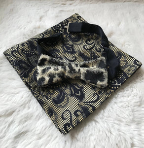 Black and Gold Animal Print Bow Tie with Lace Print Pocket Square