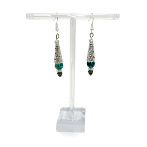 Blue Glass Beads with Silver Cap Earrings