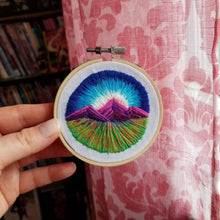 Load image into Gallery viewer, Hand embroidered art hoop of a landscape with mountains for an embroidery gift
