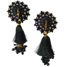 Load image into Gallery viewer, POUSSÉ CAFÉ Black &amp; Crystal Nipple Pasty, Nipple Cover (2pcs) with Beaded Tassels for Lingerie Festivals Carnival Burlesque Rave
