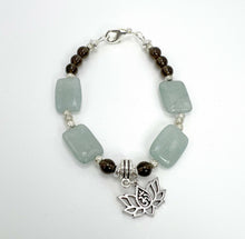 Load image into Gallery viewer, Aqua Glass Beads and Smokey Quartz with Silver Om Charm Mala Bracelet
