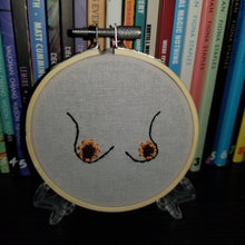 Load image into Gallery viewer, Hand embroidered sunflowers and boobs art hoop
