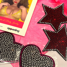 Load image into Gallery viewer, ROCK STAR BUNDLE - 2 Pairs of Reusable Crystal Heart Nipple Pasties, Covers (4pcs) for Burlesque Raves Lingerie and Festivals
