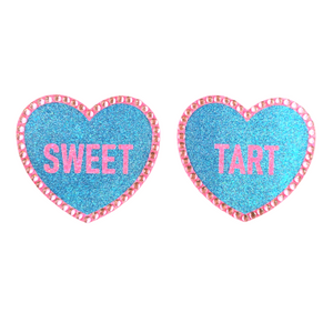 HOT STUFF - Glitter & Crystal Heart Shaped Nipple Pasties, Covers (2pcs) with Titles for Burlesque Raves Lingerie Carnival