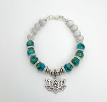 Load image into Gallery viewer, Howlite and Blue Green Glass Beads with Silver Om Charm Mala Bracelet
