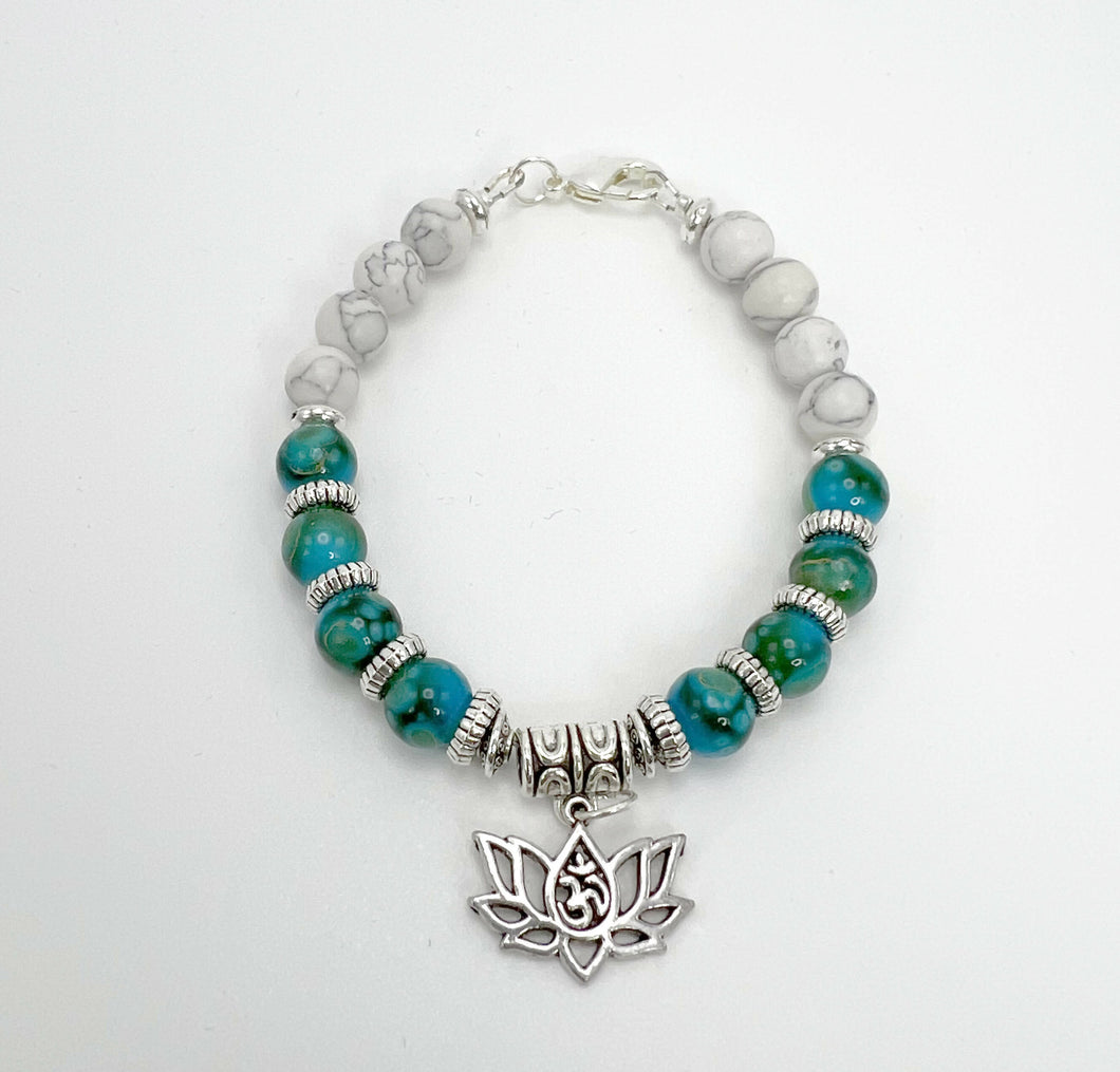 Howlite and Blue Green Glass Beads with Silver Om Charm Mala Bracelet