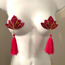 Load image into Gallery viewer, THE PINK LOTUS Pink Lotus Flower Nipple Pasty, Nipple Cover (2pcs) with Pink and Gold Beaded Tassels for Lingerie Carnival Burlesque Rave
