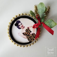 Load image into Gallery viewer, Handmade glittered Bianca Del Rio, RuPaul&#39;s Drag Race, leopard print Christmas ornament, drag queen, glitter art, fan art, gift
